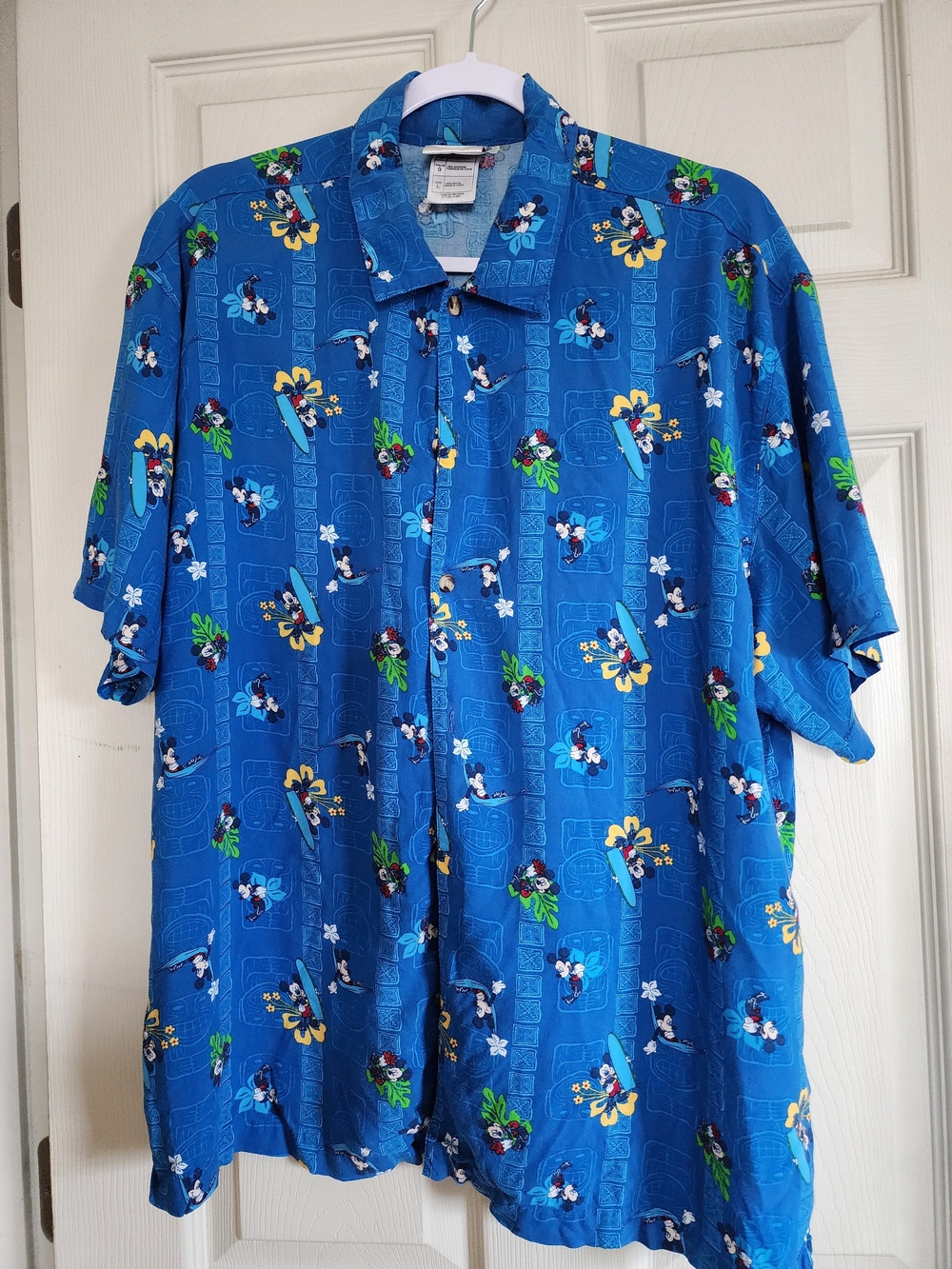 Disney Men's Bright Blue Hawaiian Button-Down Shirt with Mickey Print